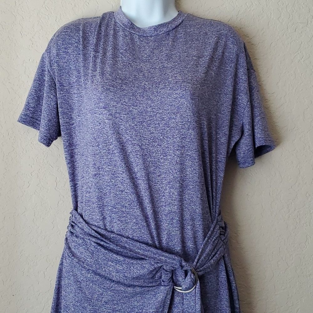 Heather Blue & Black T-Shirt Dress Cinch Tie Waist Casual Short Sleeve Mini** - Picture 7 of 9